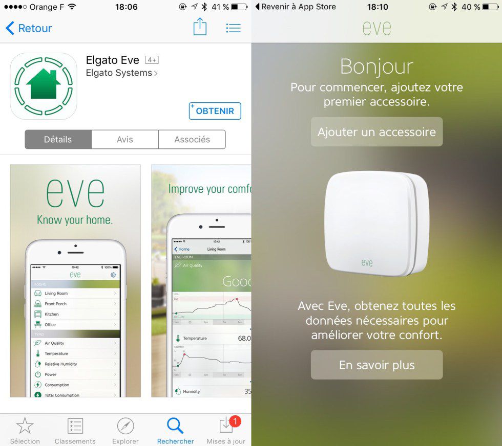 L'application Eve sur smartphone ( iPhone ) 