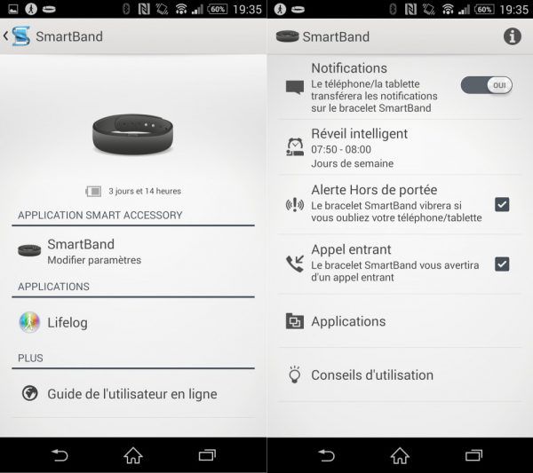 Interfaces de l'application Sony Smartband SWR10