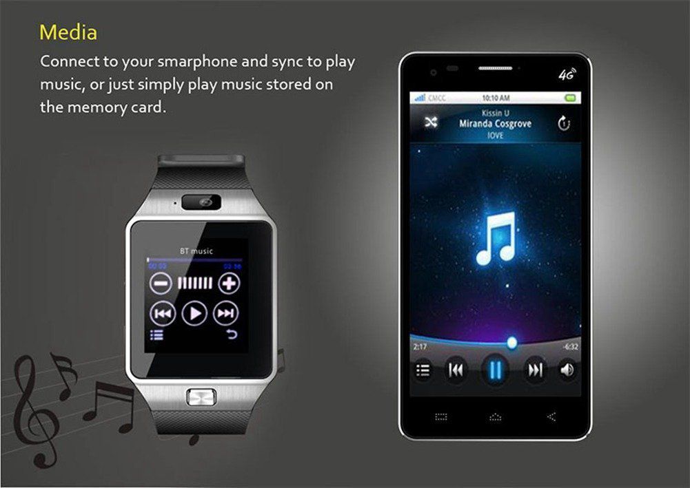 Avec la DZ09 smartwatch, vous pouvez profiter de la musique stockée sur le téléphone portable avec lequel elle est connectée.